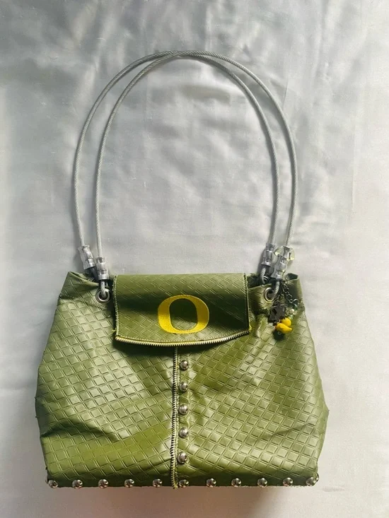Olive Green Quilted Crossbody Bag with Decorative 'O' Accent - Picture 6 of 7